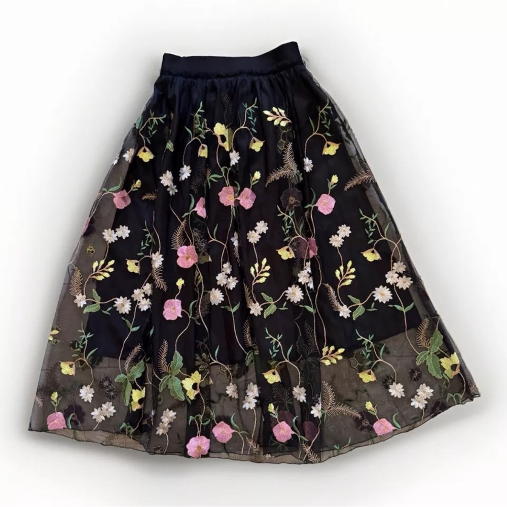 H&M Black Maxi Skirt with Pink, Yellow & Green Floral Embroidery